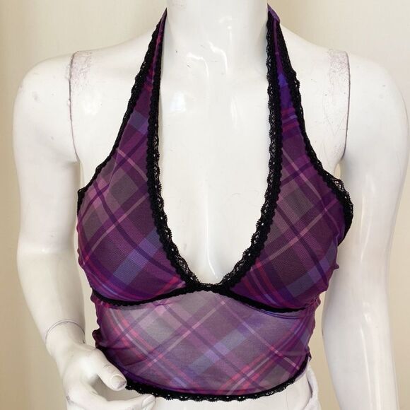 Dolls Kill Brand Current Mood Purple Plaid Mesh Halter Crop Top - Picture 1 of 5